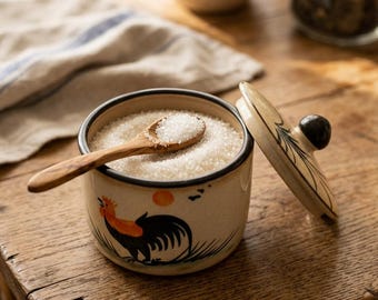 Azucarero de cerámica con tapa – Cerámica Bat Trang – Tarro de almacenamiento de cocina hecho a mano – Recipiente rústico para azúcar, café y té – Decoración artesanal