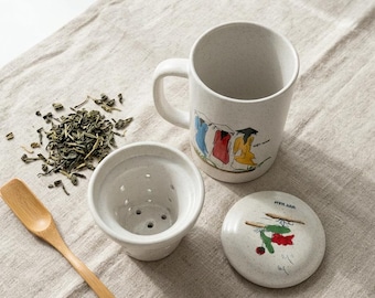 Vietnam Hand Painted Tea Infuser Mug with Lid, Ceramic Loose Leaf Tea Cup, Speckled Pottery Mug, Asian Art Coffee Cup Gift