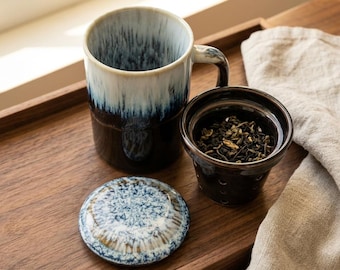 Handmade Ceramic Tea Mug with Infuser Lid, Unique Kiln Glaze Tea Cup, Loose Leaf Tea Mug, Pottery Mug Gift, Bat Trang Vietnam