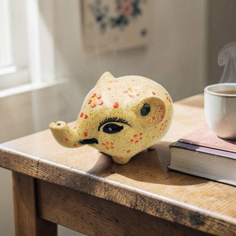 May include: A ceramic elephant-shaped essential oil diffuser in a light yellow color, decorated with small red and orange floral patterns. The elephant has black eyes and a trunk. A cup of tea and a book are in the background.
