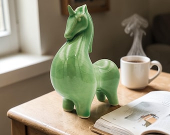 Handmade Ceramic Unicorn Figurine, Bat Trang Pottery, Speckled Pepper Glaze, Emerald Crackle Statue