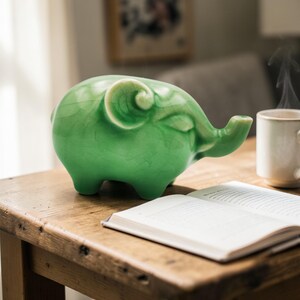 May include: A green ceramic elephant figurine with a curled trunk and small legs. The elephant is on a wooden table next to an open book and a white mug. Steam rises from the mug.