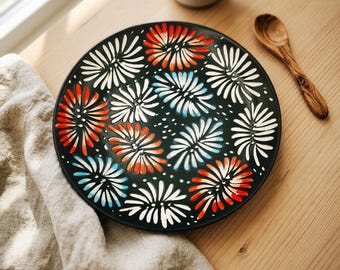 Hand-Carved Floral Black Ceramic Plate, Bat Trang Pottery, 7.3" Decorative Dish