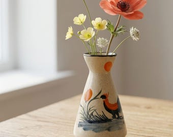 Hand-painted Rooster Ceramic Bud Vase, Speckled Bat Trang Pottery, Boho Flower Accent