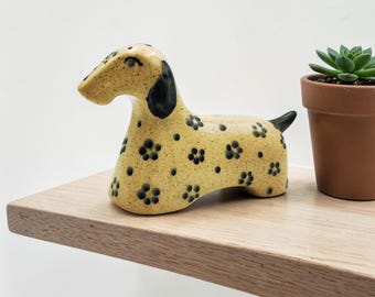 Handmade Ceramic Dachshund Figurine - Bat Trang Pottery Sausage Dog Statue - Spotted & Floral Doxie Decor - Gift for Weiner Dog Lovers