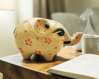 Handmade Ceramic Elephant Figurine - Bat Trang Pottery Elephant Statue - Emerald Crackle, Spotted & Floral Glaze - Unique Lucky Animal Gift
