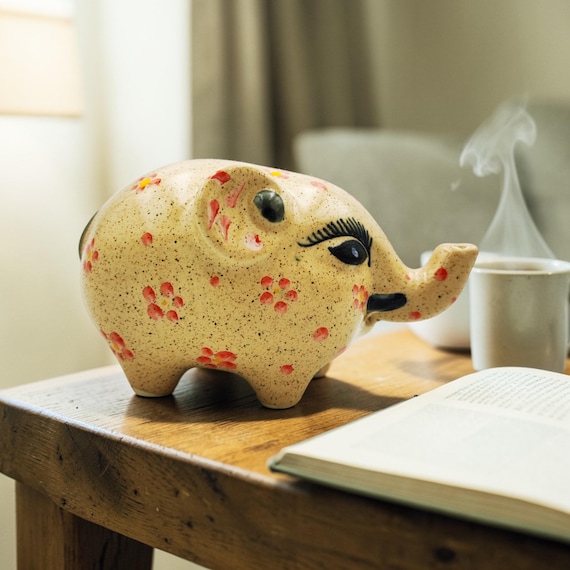 Handmade Ceramic Elephant Figurine - Bat Trang Pottery Elephant Statue - Emerald Crackle, Spotted & Floral Glaze - Unique Lucky Animal Gift