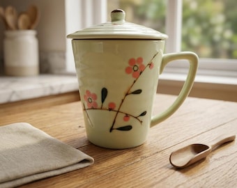 Bat Trang Tea Mug with Lid, Handmade Ceramic Tea Cup, Floral Porcelain Mug, Vietnamese Pottery Cup, Tea Lover Gift, 370ml Mug