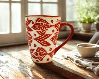 Taza de cerámica con forma de pez tallada a mano – Taza de café de cerámica de 414 ml – Taza de té rústica artesanal – Regalo único hecho a mano