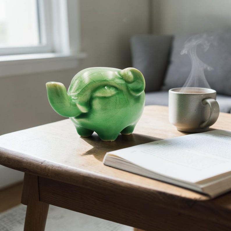 May include: A green ceramic elephant figurine with a trunk and small legs sits on a wooden table. A cup of coffee with steam rising from it and an open book are also on the table. The figurine is the focal point of the image.