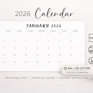 May include: A minimalist white 2026 calendar for January, with the month and year at the top. The calendar includes the days of the week and dates. The text "PRINTABLE PDF | PRINT AT HOME | INSTANT DOWNLOAD" is at the bottom.