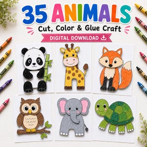 May include: A digital download craft set titled 35 ANIMALS Cut, Color & Glue Craft featuring six colored paper cutouts of a panda, giraffe, fox, owl, elephant, and turtle, surrounded by various colored crayons on a white surface.