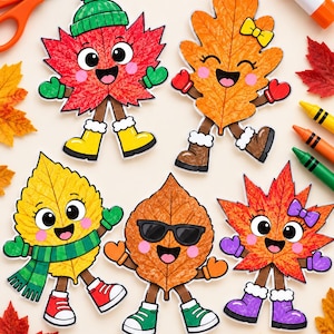 Pode incluir: Cinco personagens de folha de desenho animado com rostos, braços e pernas. Uma folha de bordo vermelha usa um gorro verde e botas amarelas. Uma folha de carvalho laranja usa um laço amarelo. Uma folha amarela usa um cachecol verde e tênis vermelhos. Uma folha marrom usa óculos de sol. Uma folha vermelha usa um laço roxo e botas roxas.