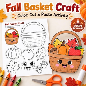 May include: A printable Fall Basket Craft activity sheet featuring outlines of a basket, pumpkin, apple, leaves, and an acorn. The page includes instructions to colour, cut, and paste. A finished, coloured basket with a smiling face is shown.