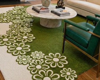 Hand Tufted Wool Floral Rug, Green Botanical Carpet, Modern Living Room Decor