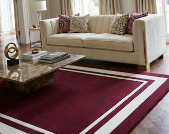 Hand Tufted Wool Burgundy Border Rug, Luxury Living Room Carpet, Custom Size Bedroom Rug