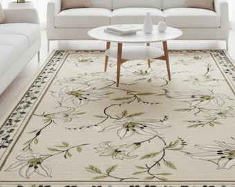 Cream Floral Hand Tufted Wool Rug, Botanical Area Carpet, Modern Neutral Living Room