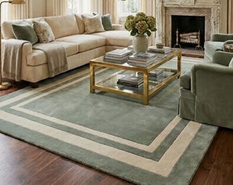 Sage Green Hand Tufted Wool Rug, Modern Double Border Area Carpet