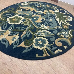 Hand Tufted Wool Floral Area Rug – Blue Botanical Carpet for Living Room