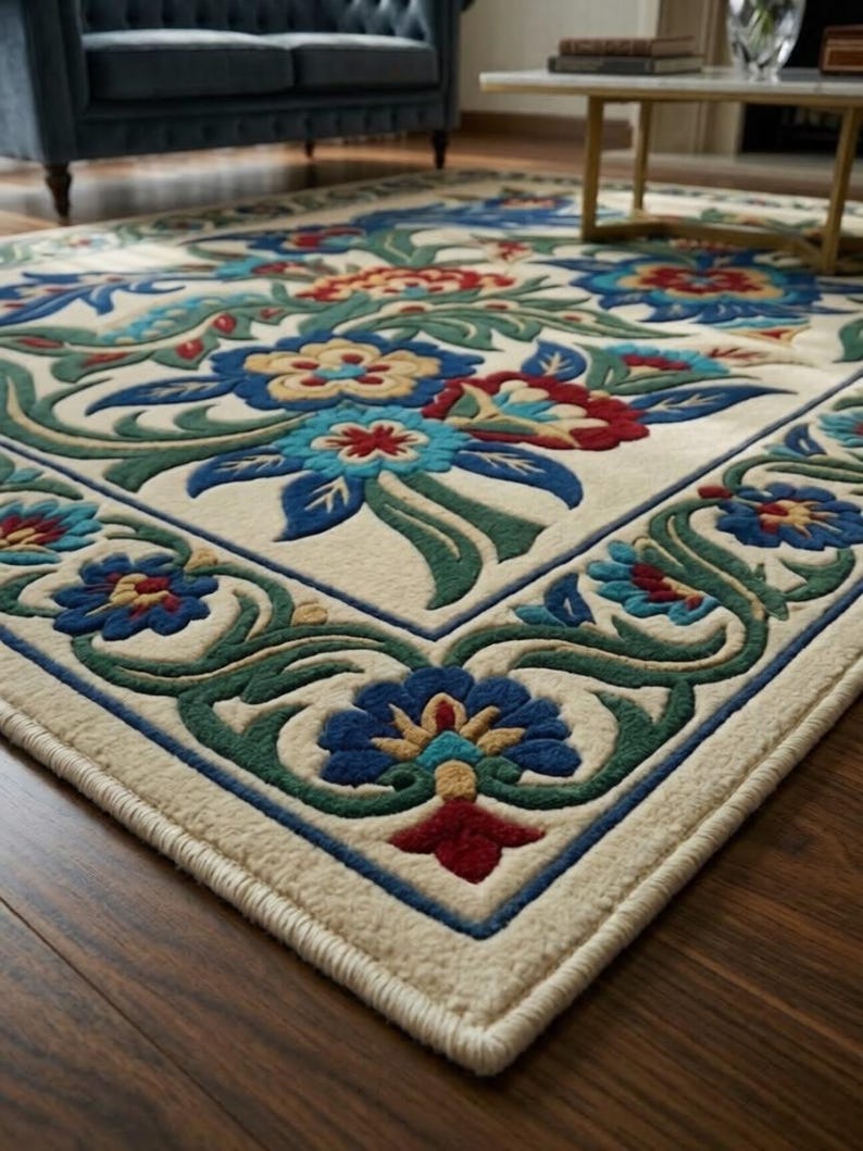 Hand Tufted Wool Floral Rug, Cream Blue Botanical Area Carpet ...