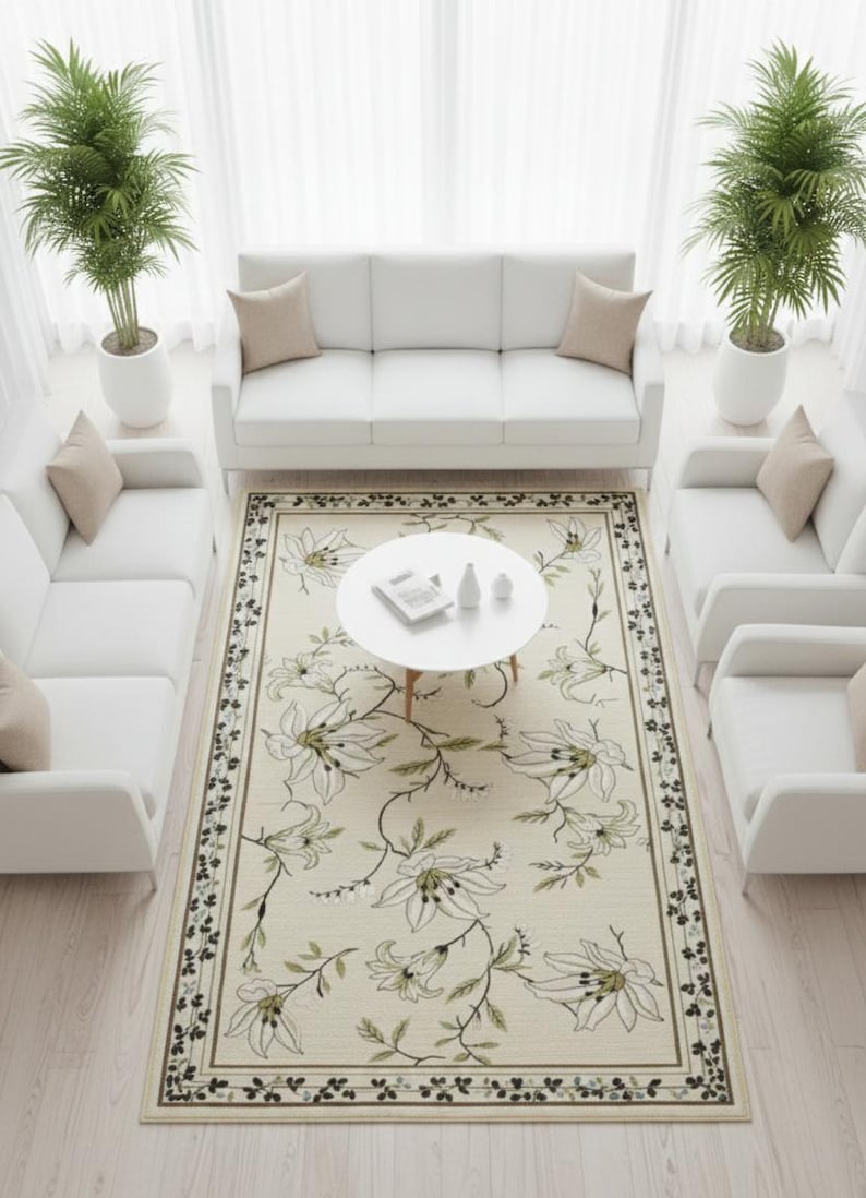 Cream Floral Hand Tufted Wool Rug, Minimalist Botanical Area Rug ...