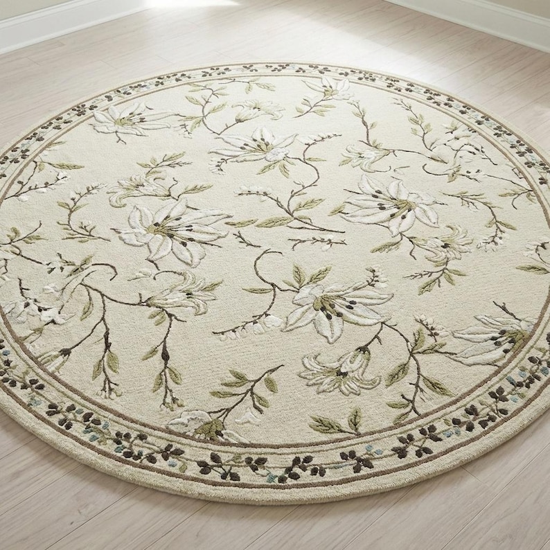 Cream Floral Hand Tufted Wool Rug, Minimalist Botanical Area Rug ...