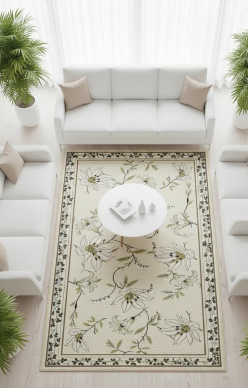 Cream Floral Hand Tufted Wool Rug, Minimalist Botanical Area Rug ...