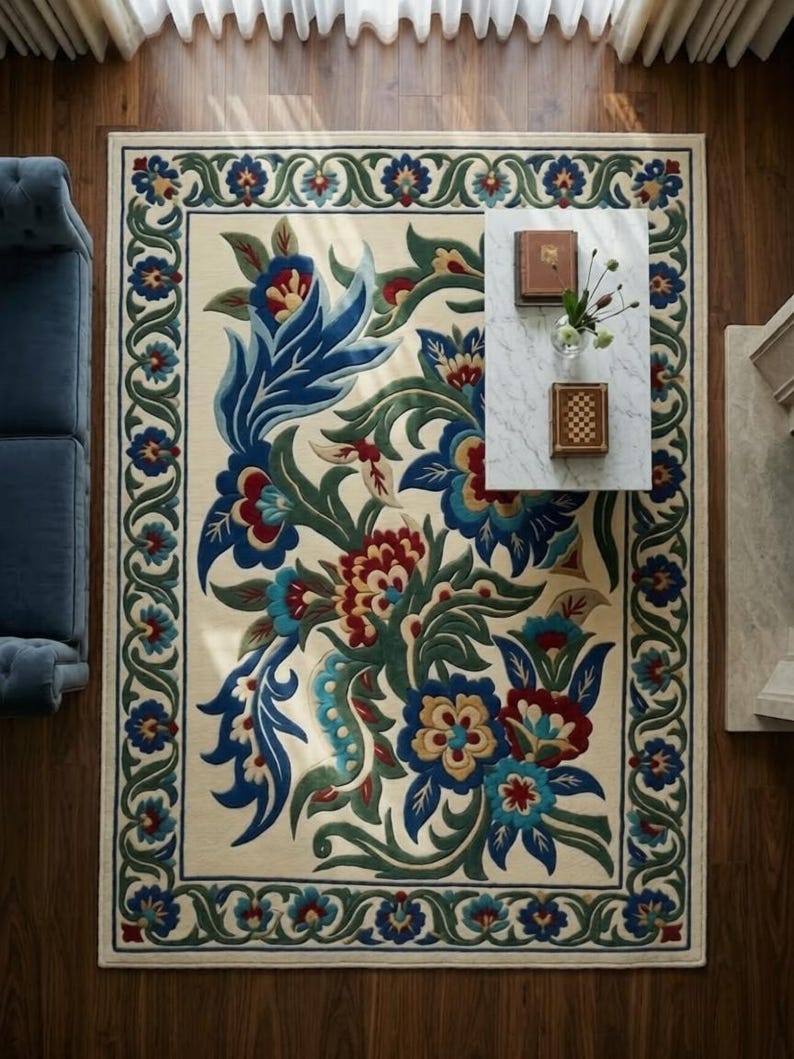 Hand Tufted Wool Floral Rug, Cream Blue Botanical Area Carpet ...
