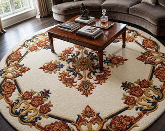 Hand Tufted Wool Round Rug, Traditional Floral Medallion Area Carpet