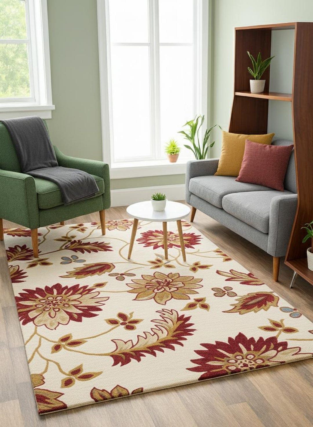 Hand Tufted Wool Floral Rug 7x10 – Ivory Red Gold Living Room Carpet - Etsy