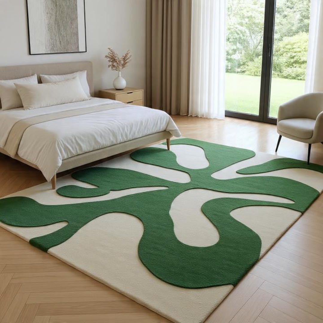 Modern Abstract Green and Cream Tufted Area Rug Luxury Handmade Wool ...