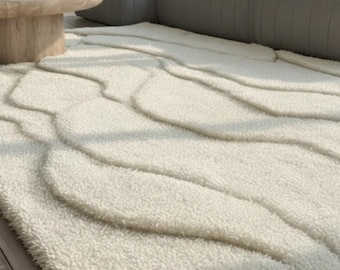 Hand Tufted Wool Rug, Ivory Abstract Modern, Soft Plush Area Carpet