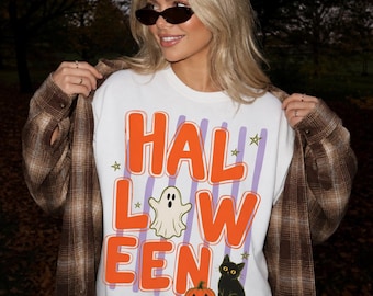 Retro Halloween Ghost Cat Comfort Colors Shirt, Striped Halloween Black Cat Shirt, Trendy Autumn Tshirt,  Ghost Pumpkin Lover Fall Outfit