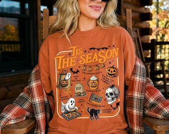 Vintage Halloween Comfort Colors® Shirt, Tis' the Season, Retro Halloween Aesthetic, Women's Halloween Shirt, Pumpkin Witch Graphic Tee