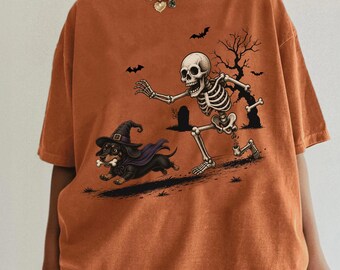 Doxie Dachshund Halloween Skeleton Comfort Color Shirt, Funny Wiener Tee Doxie Gift,  Spooky Season Tee Halloweenie Tee