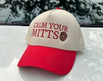 Calm Your Mitts borduurhoed, grappig baseball coatch cadeau, pet retro slogan, personaliseer pet sportmoeder