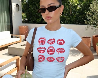 Vampire Y2k Lips Baby Tee,  Y2K Horror Crop Top for Women, Retro Gothic Crop Top, Grunge Graphic Tee, Retro 90s Halloween Graphic Print Top