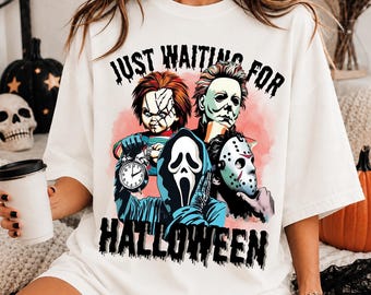 Vintage Just Waiting For Halloween Shirt, Retro Halloween Characters Sweatshirt, Horror Movies Fan Shirt, Halloween Gift
