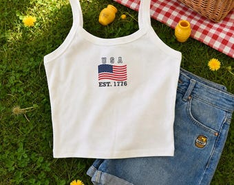 Embroidered USA EST. 1776 Spaghetti Strap, Semiquincentennial Shirt, Independent America 250th Tank Top, Independence Day Y2K Baby Tee