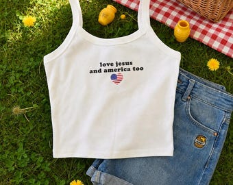 Embroidered Love Jesus And America Too Spaghetti Strap, Semiquincentennial Shirt, 250th America Tank Top, Independence Day Y2K Baby Tee