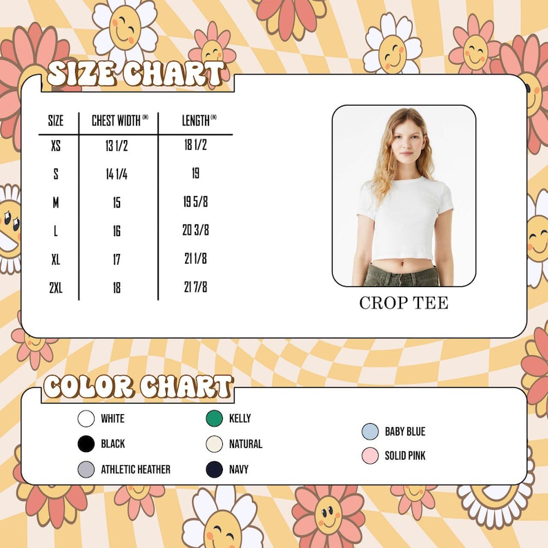 Op de afbeelding: Een maattabel en kleurentabel voor een crop top. De maattabel geeft de borstbreedte en lengte in inches voor de maten XS tot 2XL weer. De kleurentabel toont opties zoals wit, zwart, athletic heather, kelly, naturel, marine, babyblauw en effen roze.