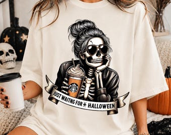 Vintage Just Waiting For Halloween Shirt, Retro Skeleton Coffee Halloween , Spooky Season Sweatshirt For Coffee, Halloween Gift