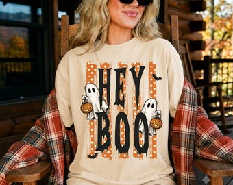 Hey Boo Halloween Shirt, Halloween Pumpkin Shirt, Ghost Halloween Shirt , Striped Halloween Design Tshirt, Retro Halloween Shirt