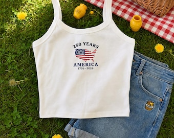 Embroidered 250 Years America Spaghetti Strap Tank, Independence Day Y2K Baby Tee, America 250th anniversary Tank Top