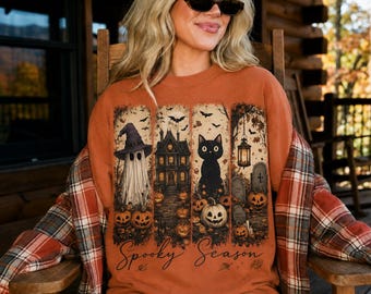 Haunted Autumn Nights Shirt, Retro Spooky Season Shirt, Trendy Autumn Tshirt, Ghost Pumpkin Cat Lover Fall Outfit, Halloween Gift for Women