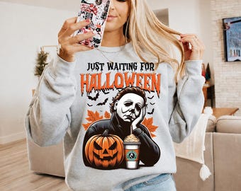 Vintage Just Waiting For Halloween Shirt, Michael Myers Coffee Sweatshirt, Horror Movies Fan Halloween T-shirt, Halloween Night Killer Tee