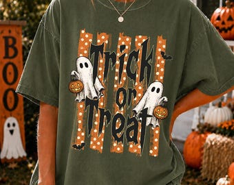 Trick or Treat Halloween Shirt, Ghost Pumpkin Tee, Cute Halloween Gift, Striped Halloween Design Tshirt, Vintage Fall Shirt