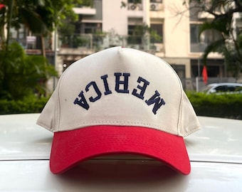 2-tone MERICA Upside Down Embroidery Hat, AMERICA 'Merica Upside Down Custom Text Baseball Hat, Trucker Hat For Friends, Choose Your Color