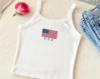 Embroidered USA Spaghetti Strap Tank, Independence Day Y2K Baby Tee, America 250th anniversary Tank Top