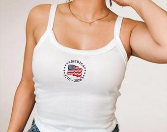 Embroidered America Spaghetti Strap Tank, Independence Day Y2K Baby Tee, America 250th anniversary Tank Top